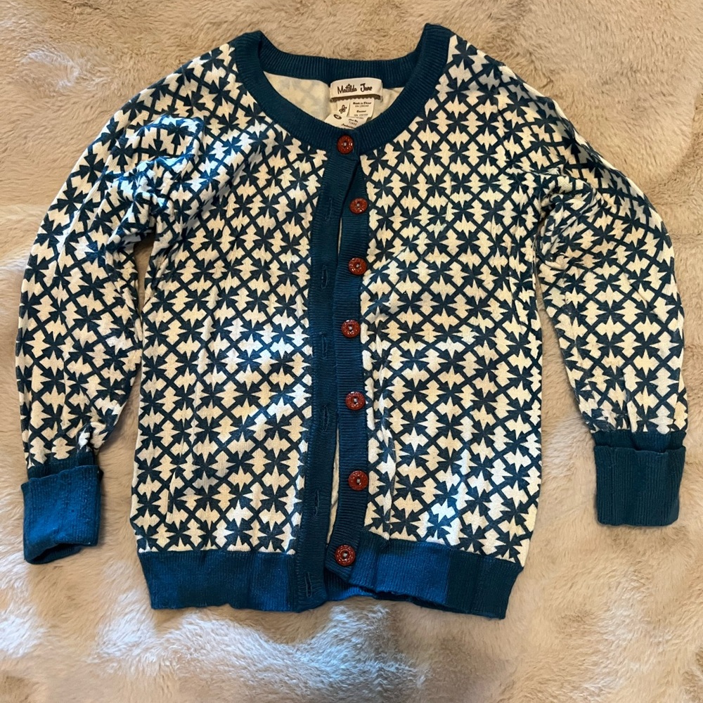 Matilda Jane Blue and White Sweater with Geometric Pattern